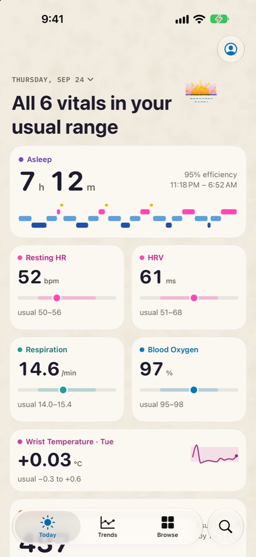 Today: last night's sleep and vitals, each against its usual range